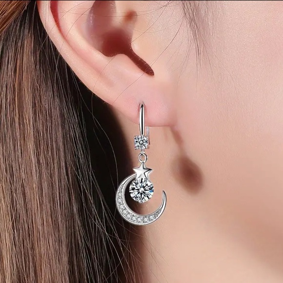 Star, Moon, Celestial Astrology, Crescent Moon Silver tone Dangle Earrings - Picture 3 of 5